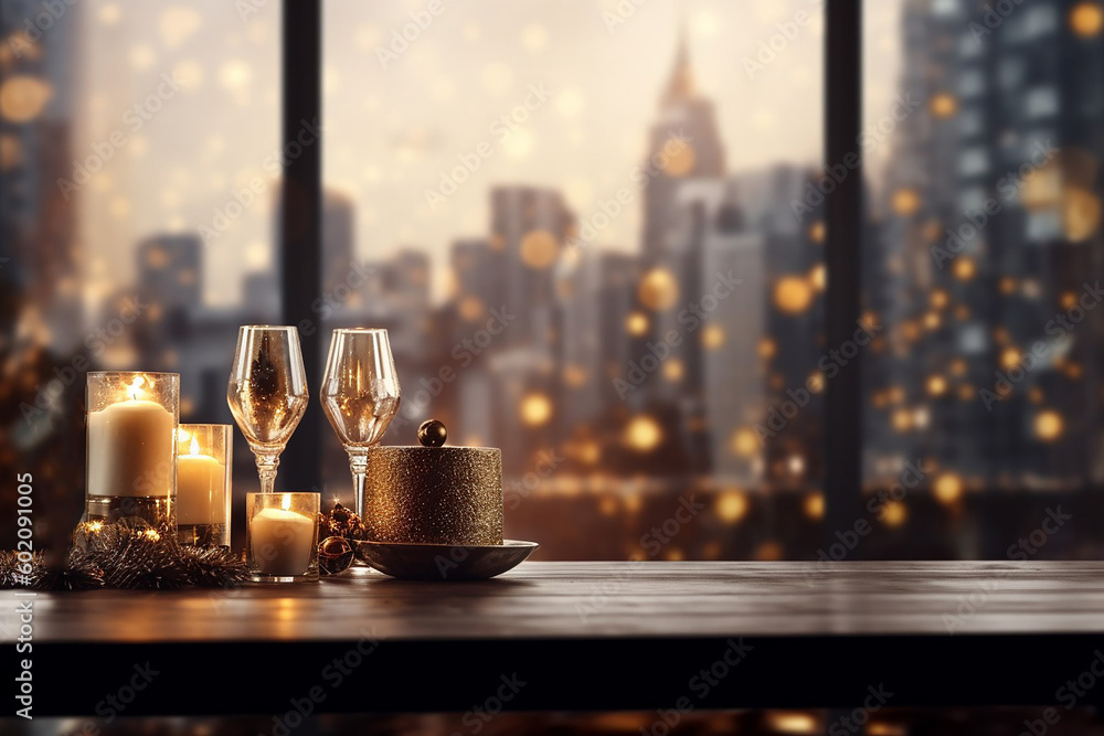 A table in background of beatiful lights from the window Generative AI A table in background of beatiful lights from the window Generative AI