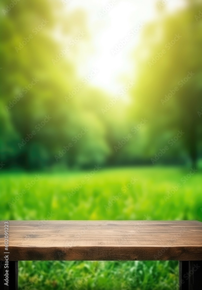 Copy space on empty wooden table with blurred natural background. (Generative AI) Copy space on empty wooden table with blurred natural background. (Generative AI)