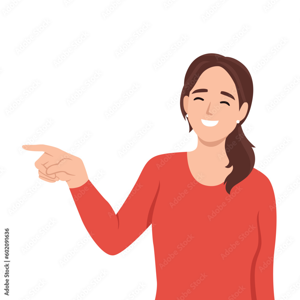 Young woman laughing while pointing. Flat vector illustration isolated on white background Young woman laughing while pointing. Flat vector illustration isolated on white background