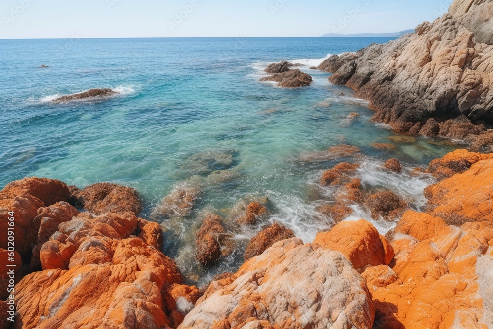 Impressive Coastline in Costa Brava: Orange Rocks and Blue Sea Showcasing a Majestic Summer View. Generative AI