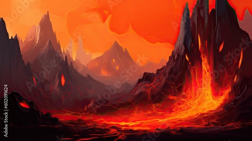 Destroyed by Nature: An Abstract Artistic Concept Illustration of a Burning Lava Landscape: Generative AI