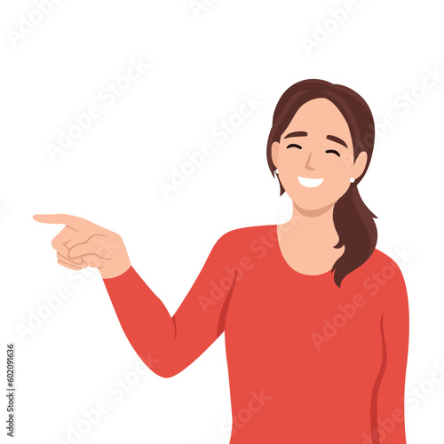 Young woman laughing while pointing. Flat vector illustration isolated on white background