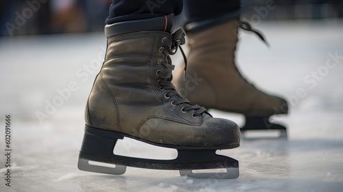 Ready to Skate: Close-up of an Ice Skater's Feet on a Winter Ice Rink. Generative AI