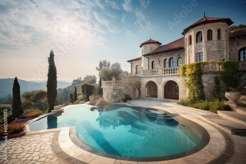 Sunny Summer Day in a Mediterranean Luxury Home  A Traditional Tuscany-Style Mansion with a Wild Flower-Filled Garden and an Oval Pool  Generative AI