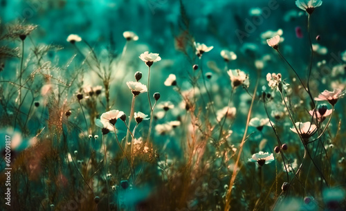 the white wild flowers with a turquoise background