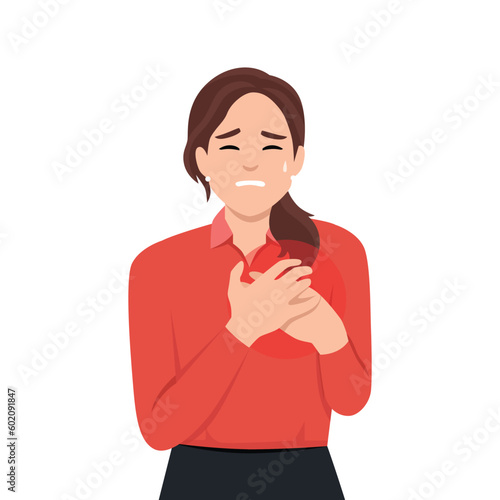 Unhealthy woman suffer from pain in heart. Unwell female struggle with heart attack. Healthcare and medicine. Flat vector illustration isolated on white background