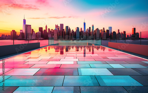 sunset over an urban cityscape and river