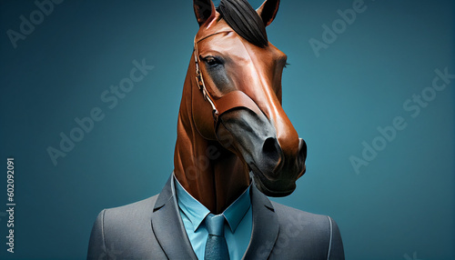 Horse head on solid color formal suit with pant. solid color background. Ai generated image