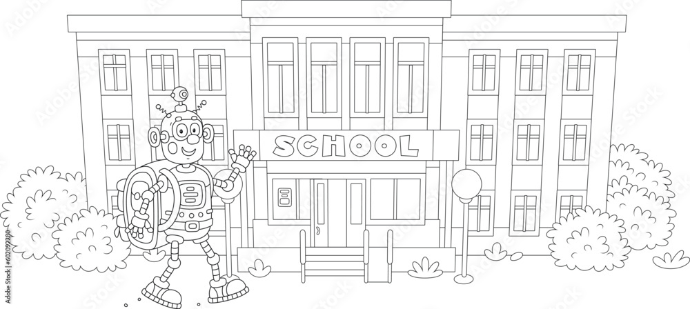 Funny robot with its schoolbag friendly smiling, waving in greeting and going to school, black and white outline vector illustrations for a coloring book