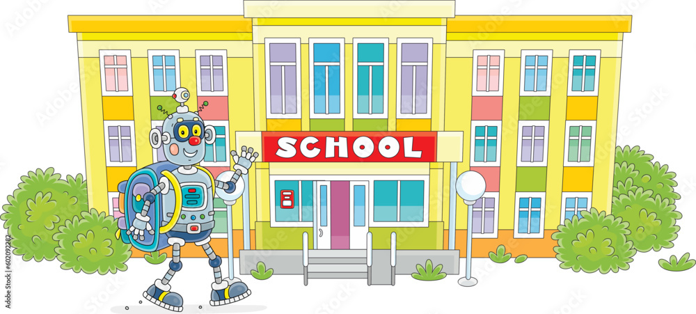 Funny robot with its schoolbag friendly smiling, waving in greeting and going to school, vector cartoon illustration isolated on a white background