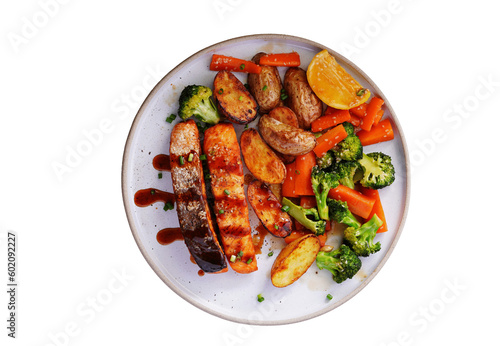 Homemade Grilled Salmon Steak with Broccoli, Potatoes, Carrots .