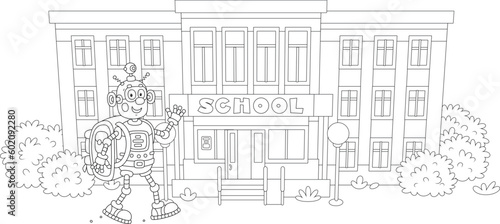 Funny robot with its schoolbag friendly smiling, waving in greeting and going to school, black and white outline vector illustrations for a coloring book