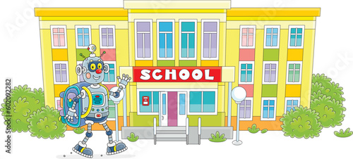 Funny robot with its schoolbag friendly smiling, waving in greeting and going to school, vector cartoon illustration isolated on a white background