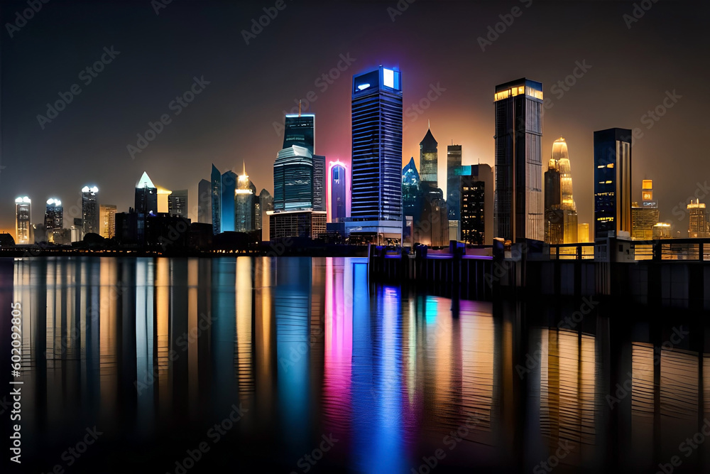 Fototapeta premium a city skyline at night, with the lights of the buildings creating a beautiful, glowing effect against the dark sky