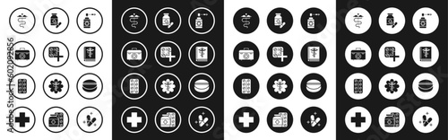 Set Medical bottle with nozzle spray, Pills in blister pack, First aid kit, Caduceus snake medical symbol, book, Medicine and pills, or tablet and icon. Vector