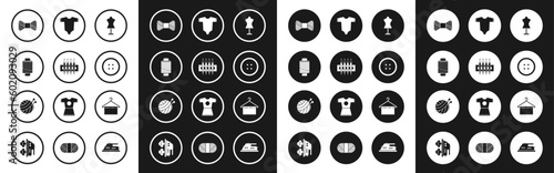 Set Mannequin, Needle for sewing, Sewing thread on spool, button clothes, Baby, Hanger wardrobe and Yarn ball with knitting needles icon. Vector