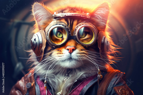 Portrait of a cat with pilot glasses. Generative AI. 