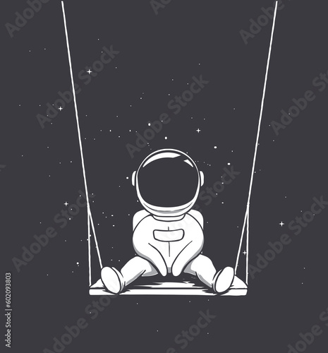 Cute astronaut swinging on a board in outer space