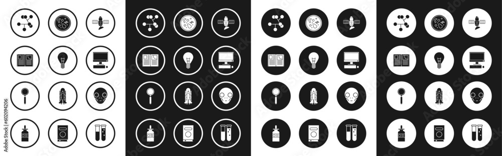 Set Satellite, Light bulb with concept of idea, Open book, Molecule, Computer monitor keyboard and mouse, Bacteria, Extraterrestrial alien face and Magnifying glass icon. Vector
