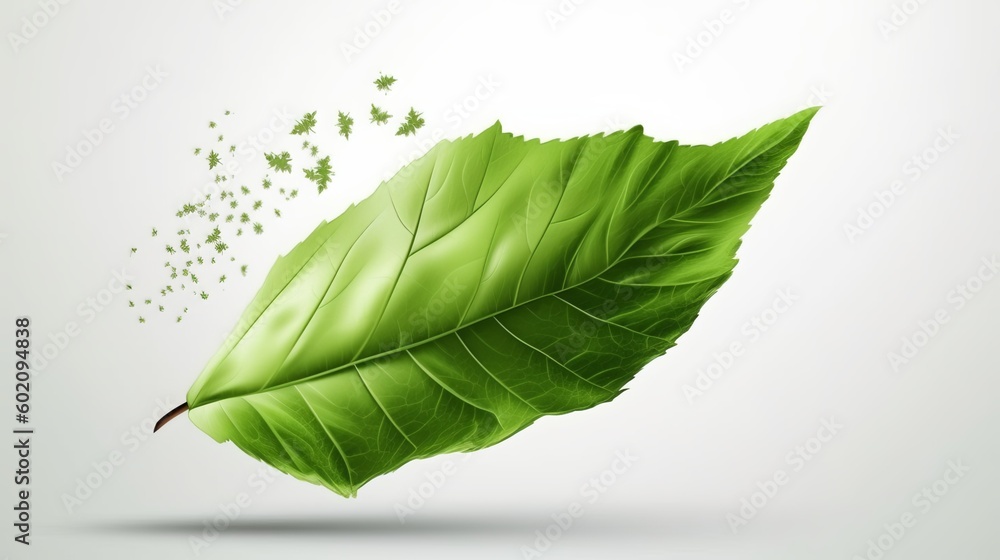 Obraz premium Green leaf flying isolated on white background 