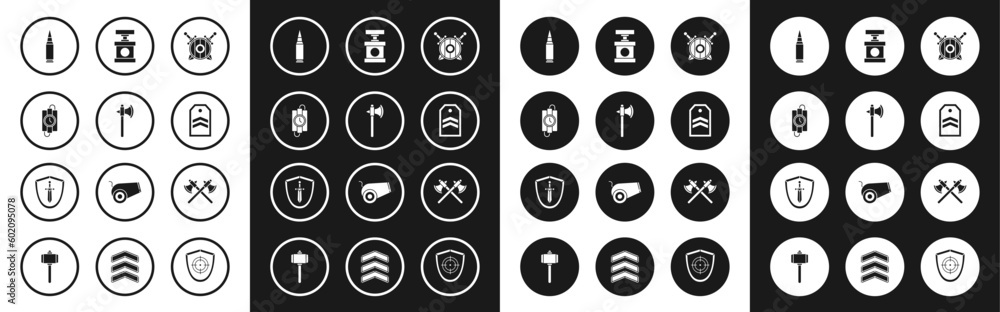 Set Wooden shield with crossed swords, Medieval axe, dynamite stick and timer clock, Bullet, Chevron, Handle detonator for, Crossed medieval axes and icon. Vector Set Wooden shield with crossed swords, Medieval axe, dynamite stick and timer clock, Bullet, Chevron, Handle detonator for, Crossed medieval axes and icon. Vector