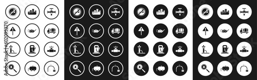 Set Broken pipe with leaking water, Canister for motor oil, Exclamation mark triangle, No Smoking, Tanker truck, Oil tanker ship, Industry and valve and pump pump jack icon. Vector