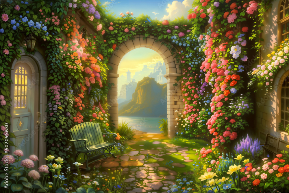 Fantasy garden background. Mystical entrance from a magical garden. Magic meadow with spring blooming trees. Footpath through a magical garden with spring flowers to the house. AI generative image