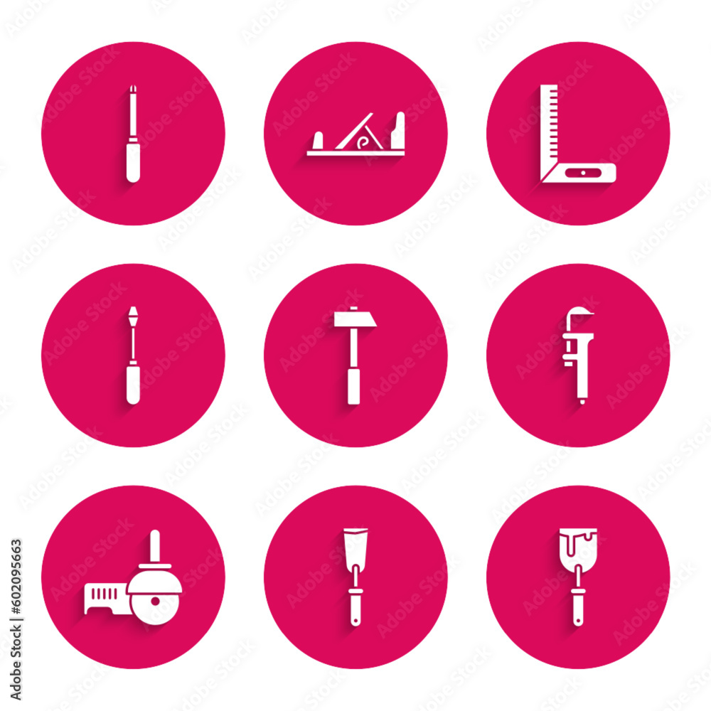 Set Hammer, Putty knife, Calliper or caliper and scale, Angle grinder, Screwdriver, Corner ruler and icon. Vector Set Hammer, Putty knife, Calliper or caliper and scale, Angle grinder, Screwdriver, Corner ruler and icon. Vector