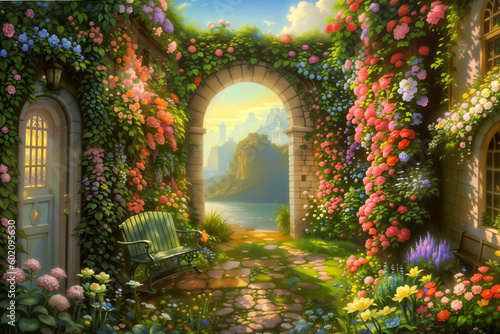 Fantasy garden background. Mystical entrance from a magical garden. Magic meadow with spring blooming trees. Footpath through a magical garden with spring flowers to the house. AI generative image © Tatyana Sidyukova