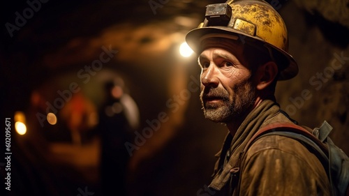mining tunnel, lighted hard helmet on the miner. GENERATE AI