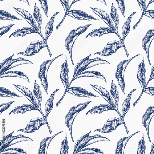 seamless floral pattern with  peony leaves on white background