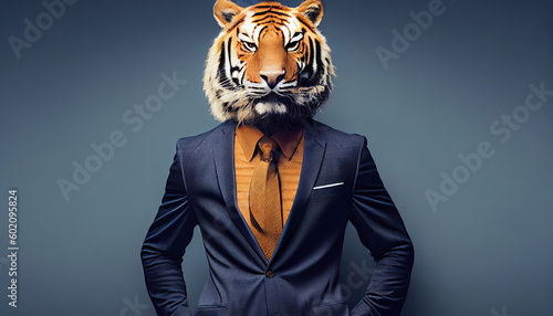 Tiger head on solid color formal suit with pant. solid color background. Ai generated image