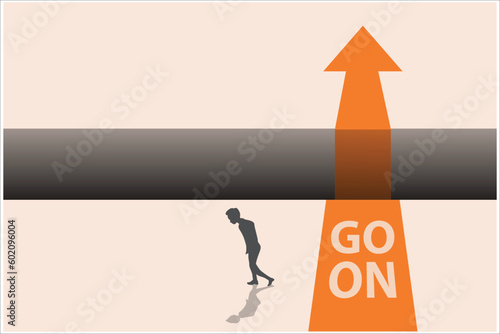 young sad depressed man, pain stressed desperate hopeless, standing at the road with go on and give up sign, black silhouette