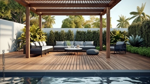 Teak hardwood deck and black pergola are shown in a 3D picture of a luxurious front view outdoor garden. furniture beside the pool, including couches and chaises. GENERATE AI