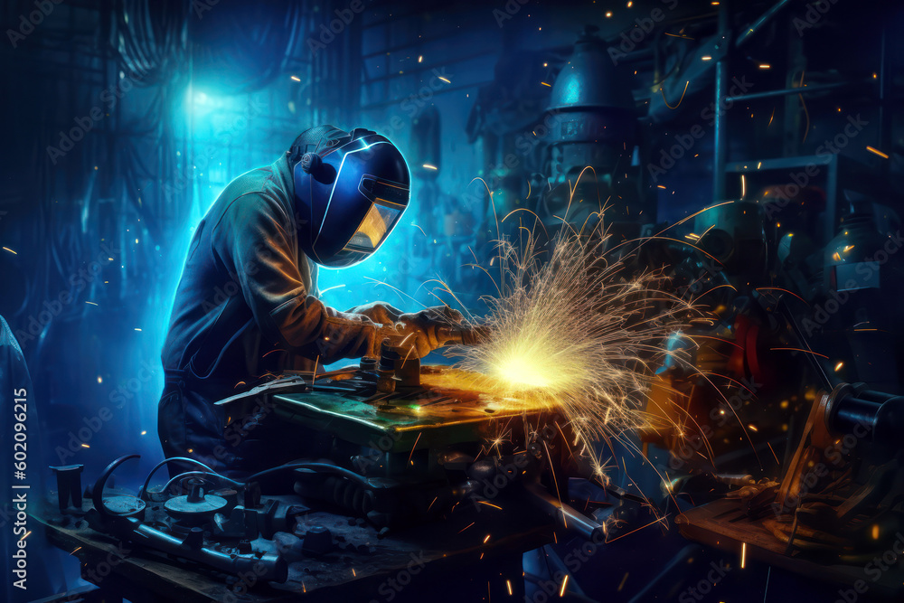 Welder working in the factory wearing protective helmet, sparks on dark background. Generative AI