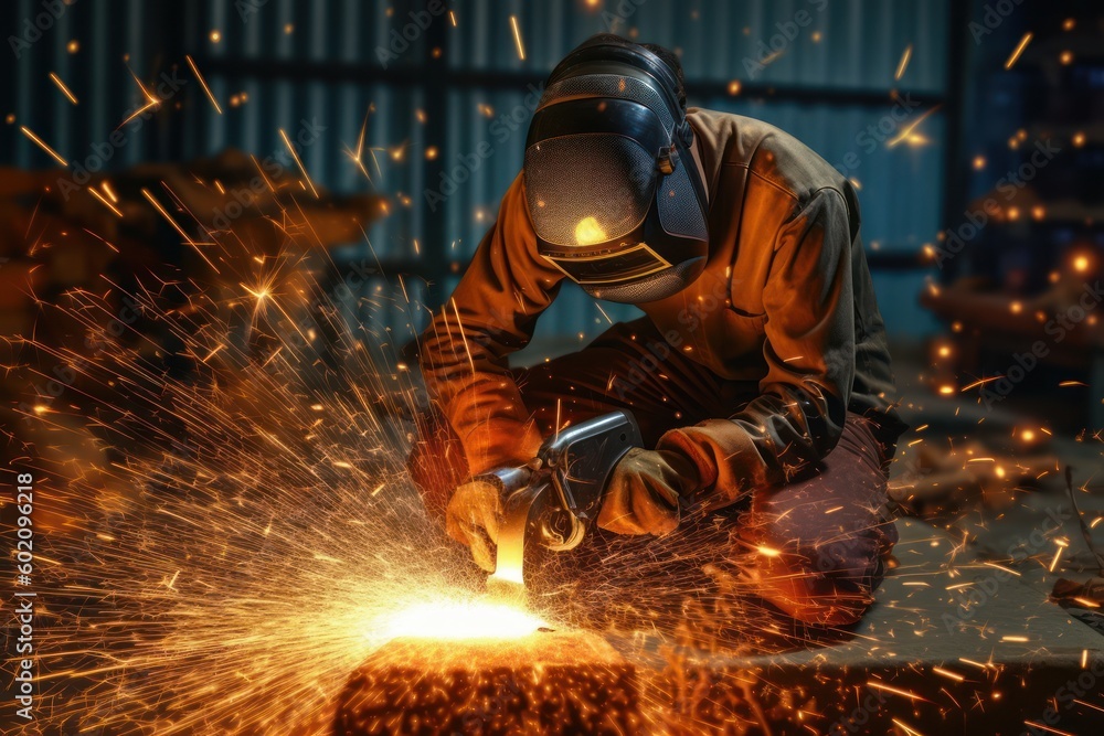 Welder working in the factory wearing protective helmet, sparks on dark background. Generative AI Welder working in the factory wearing protective helmet, sparks on dark background. Generative AI