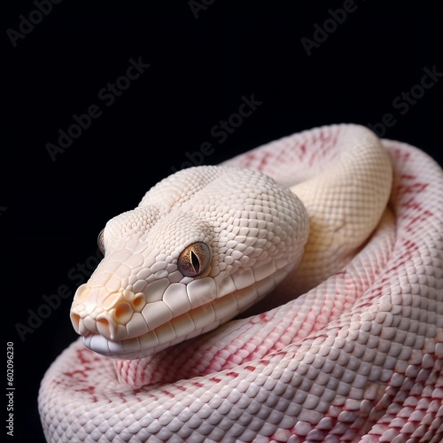 Close-up of a white albino anaconda snake with black background. Generative AI