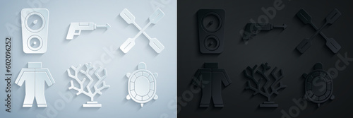 Set Coral, Paddle, Wetsuit, Turtle, Fishing harpoon and Gauge scale icon. Vector