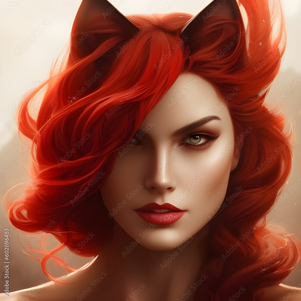 Captivating Gaze: A Mesmerizing Fictional Red-Haired Catwoman with Emerald Eyes and Fluffy Fur in an Enigmatic Close-Up Portrait Captivating Gaze: A Mesmerizing Fictional Red-Haired Catwoman with Emerald Eyes and Fluffy Fur in an Enigmatic Close-Up Portrait