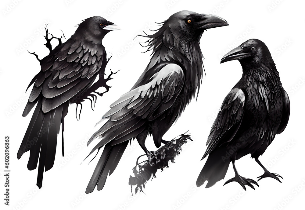 set of black crows, isolate. Generative AI set of black crows, isolate. Generative AI