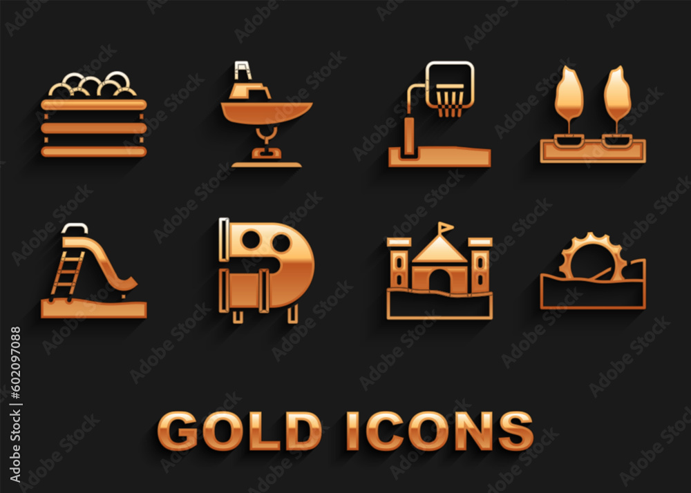 Set Kid playground slide pipe, Forest, Ferris wheel, Sand castle, Basketball backboard, Pool with balls and Swing boat icon. Vector Set Kid playground slide pipe, Forest, Ferris wheel, Sand castle, Basketball backboard, Pool with balls and Swing boat icon. Vector