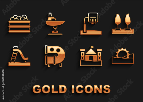 Set Kid playground slide pipe, Forest, Ferris wheel, Sand castle, Basketball backboard, Pool with balls and Swing boat icon. Vector