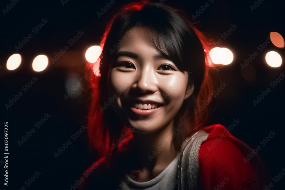 The beautiful and radiant smile of a Japanese teenage girl is highlighted in this portrait, with the use of a bold and vivid red theme in the background. generative AI