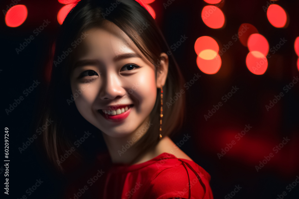 The beautiful and radiant smile of a Japanese teenage girl is highlighted in this portrait, with the use of a bold and vivid red theme in the background. generative AI