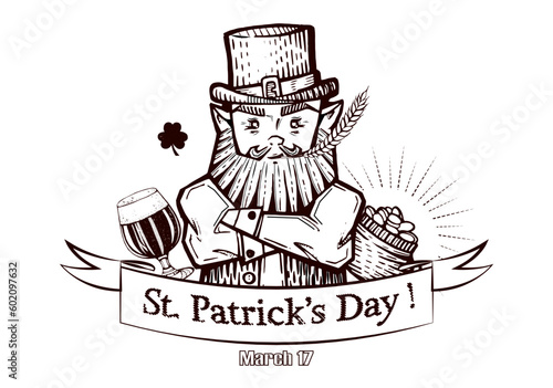 Funny Irish Leprechaun with beer, Happy St. Patrick's Day, engraving