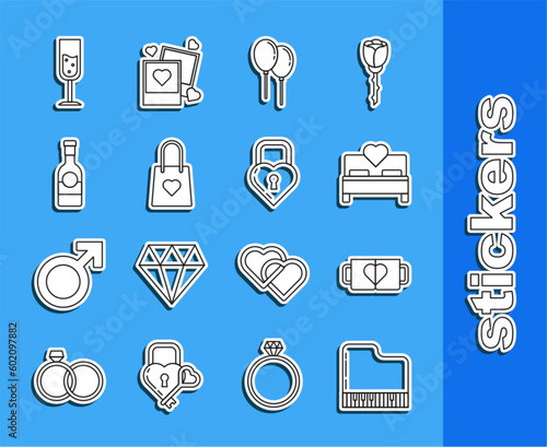 Set line Grand piano, Two coffee cup heart, Bedroom, Balloons with ribbon, Shopping bag, Champagne bottle, Glass champagne and Castle the shape icon. Vector