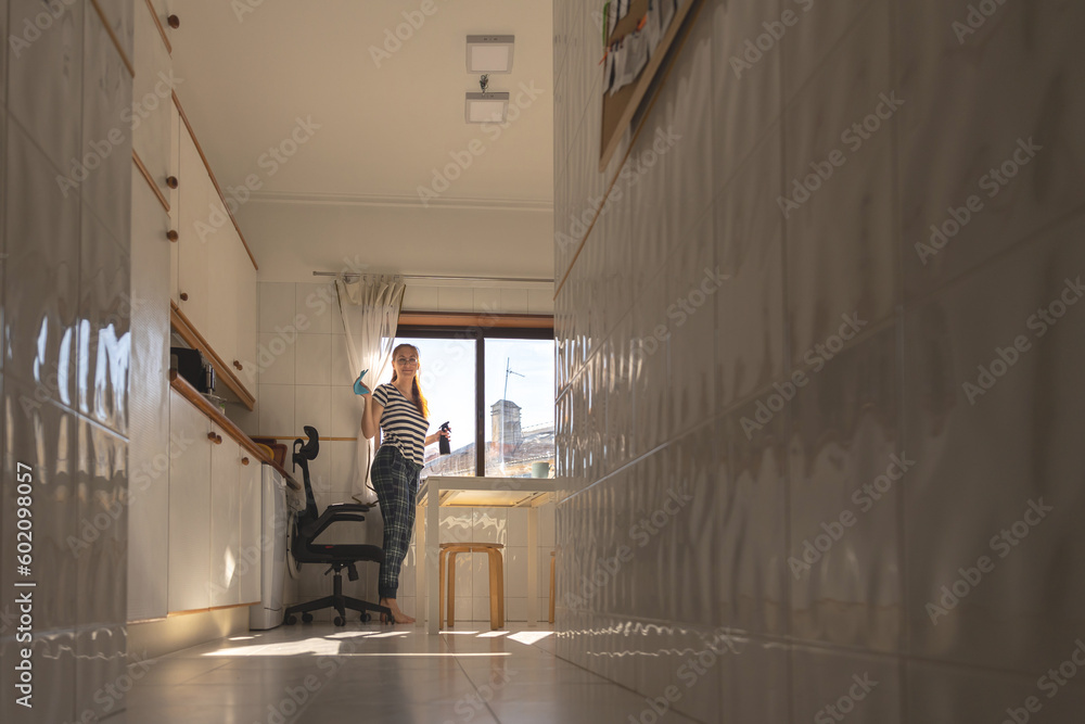 Adult housewife woman standing in the kitchen with a rag to wipe the windows Adult housewife woman standing in the kitchen with a rag to wipe the windows
