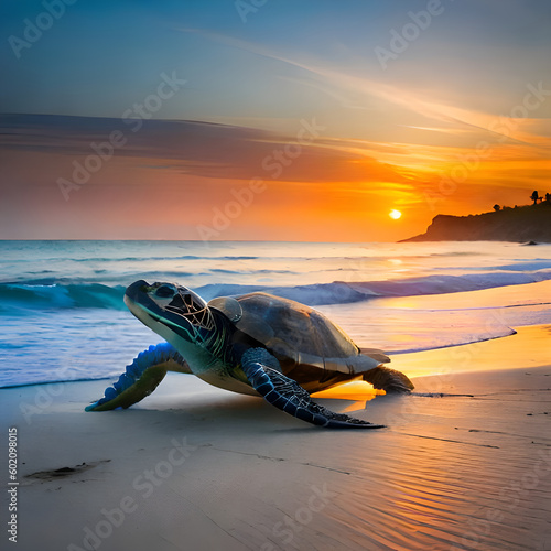 Sea turtle on the beach. Generative AI