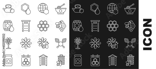 Set line Bee and honeycomb, Honey dipper stick, Hive for bees, Honeycomb map of the world, Wooden barrel with, Tea kettle and icon. Vector