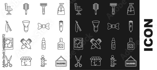 Set line Barbershop, Aftershave, Electrical hair clipper or shaver, Shaving razor, brush, Straight, chair and Bow tie icon. Vector